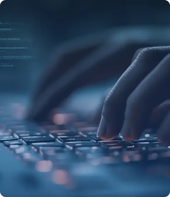 يد تكتب على لوحة مفاتيح بإضاءة خافتة، مع تلميحات رقمية في الخلفية تعكس تركيزًا على التكنولوجيا والدقة.